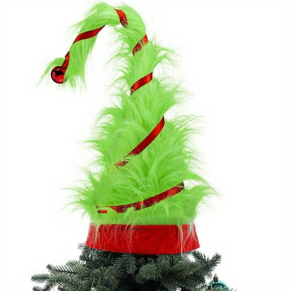 1 Piece Christmas Tree Top Hat - Plush Green with Red Stripes Decoration, Suitable for Indoor/Outdoor Christmas, Halloween, Easter, Thanksgiving, New Year - No Assembly Required, Fun Elf Design
