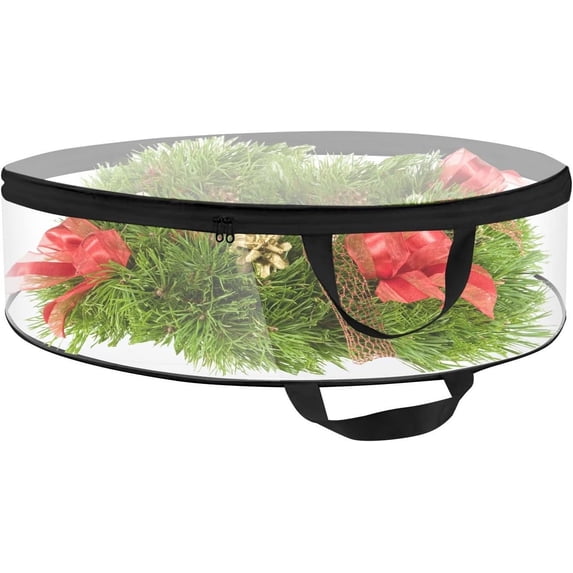 1 Piece Clear Christmas Wreath Storage Container 24 Inches Xmas Wreath Storage Bag Plastic Christmas Garland Container with Dual Zippers and Reinforced Handles for Xmas Seasonal Wreath (Black)