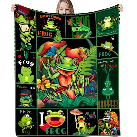 1 Piece Comfortable Frog-Themed Flannel Blanket – Soft, Warm, and Machine Washable – Fun Cartoon Frog Design for Picnics or Travel for Teenagers and Adults