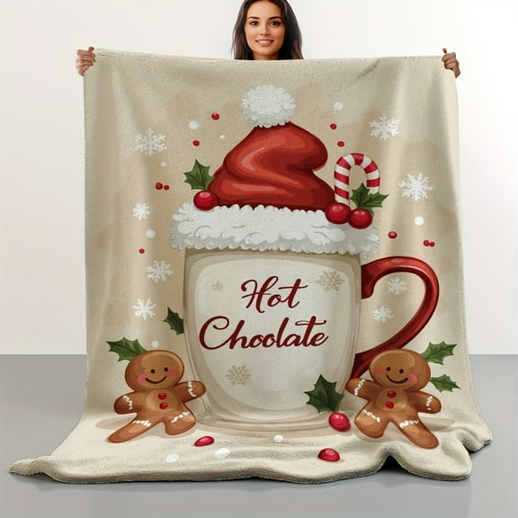 1 Piece Cozy Christmas Cocoa Bliss Printed Blanket - Soft Flannel with Festive Hot Chocolate Cup, Fantasy Winter Theme, Premium Fabric, Winter Comfort Choice