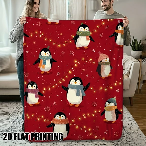 1 Piece Cozy Christmas Penguin Blanket - Soft Flannel Throw Blanket with Scarf and Fairy Lights, Red Snowflake Winter Scene