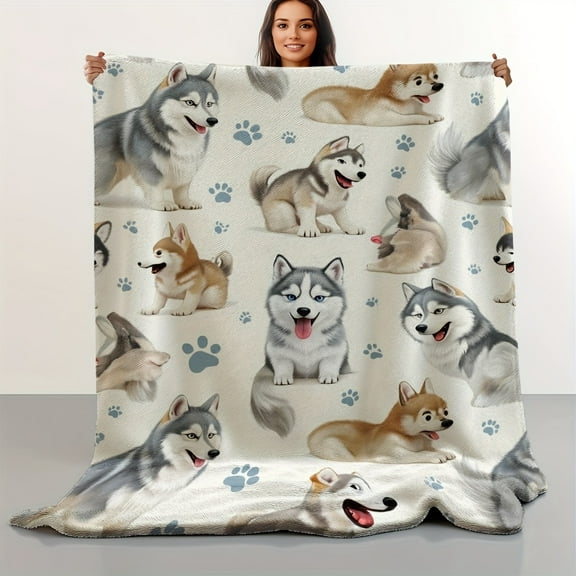 1 Piece Cozy Husky Parade Print Blanket - Soft and Warm, Suitable for Sofa, Bed, Office, and Travel - Perfect Gift for All Seasons