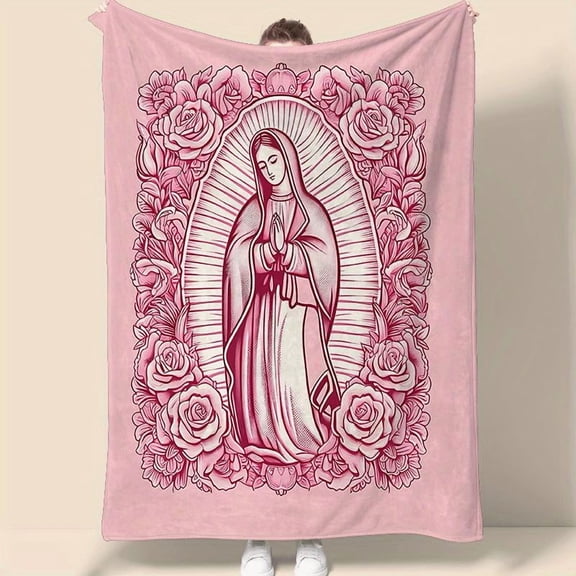 1 Piece Cozy Pink Virgin Mary Blanket-Super Soft Velvet with Floral Pattern, Perfect Gift for Mom, Grandma, Birthday and Valentine's Day, Perfect for Sofa, Bed, Travel and Living Room