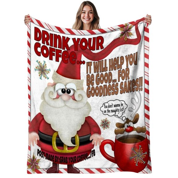 1 Piece Cozy Santa and Coffee Flannel Blanket - Soft and Warm All-Season Bedspread with Gnome, Candy Cane, and Coffee Cup Patterns