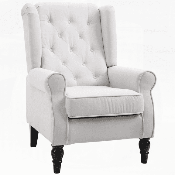 1-Piece Cream White Button-Tufted Accent Chair with High Wingback and Rounded Cushioned Armrests - Solid Wood Frame