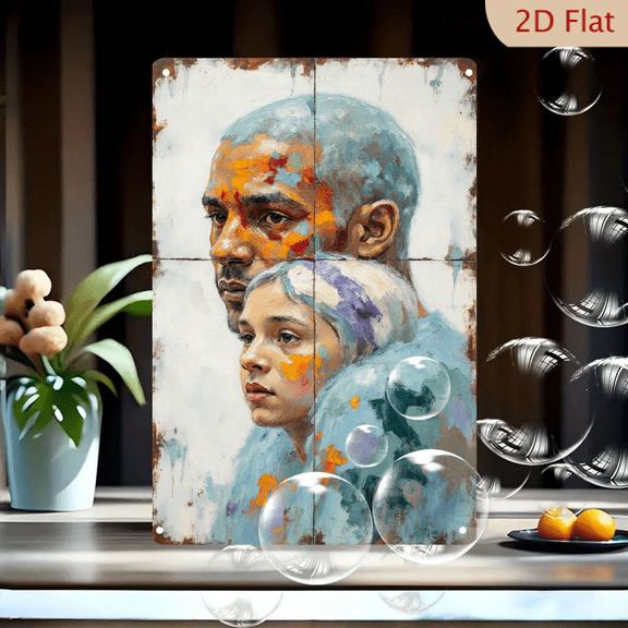1-Piece Distressed Metal Wall Art, 8x12 Inches, Abstract Impressionist Portrait of Man and Child with Rust Edges, Colorful Brushstrokes on Cracked Tile Texture, Emotional Family Decor