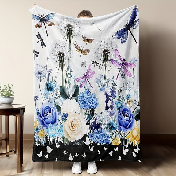 1 Piece Dragonfly Flannel Throw Blanket for Men and Women - Colorful Butterfly Dandelion Blanket, Floral Plush Weed Blanket
