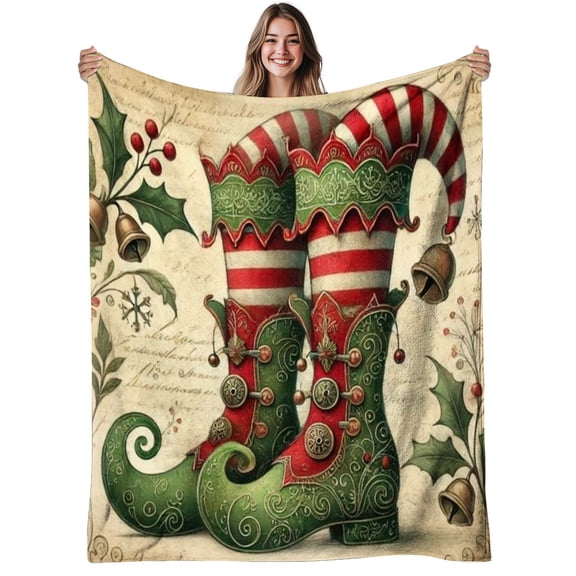 1 Piece Elf Boot Flannel Blanket - Soft and Warm Retro Christmas Elf Design with Candy Stripes and Holly Berries
