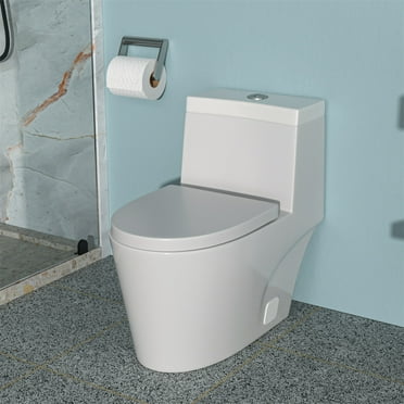 1-Piece Elongated Toilet with Dual Flush, Ceramic Glossy White Toilets with Soft Close Toilet Seat for Bathroom, Small Space