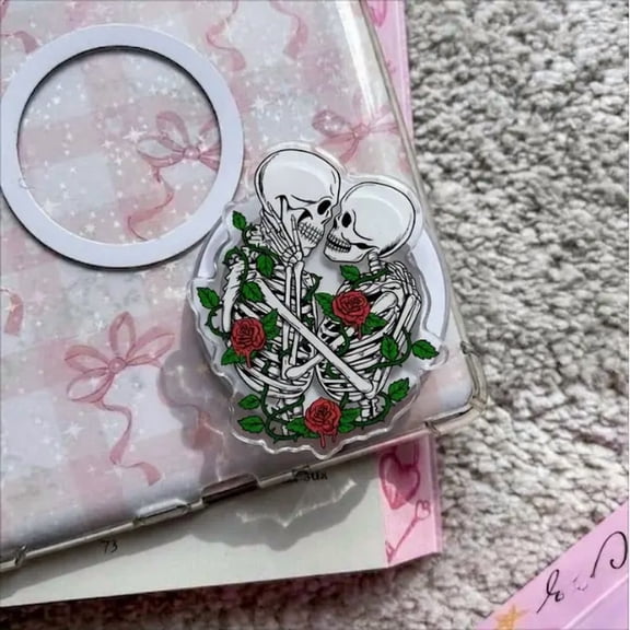 1 Piece Eternal Love Skeleton Lovers Phone Grip, Gothic Romance Phone Grip, Till Death Do Us Part Skeleton Stand, Skeleton Couple with Red Roses Accessory, Soulmate Memorial Gift