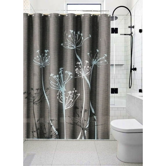 1 Piece Fabric Printed Shower Curtain Linda Charcoal Flower Design ( No Hooks ) Metal Eyelet