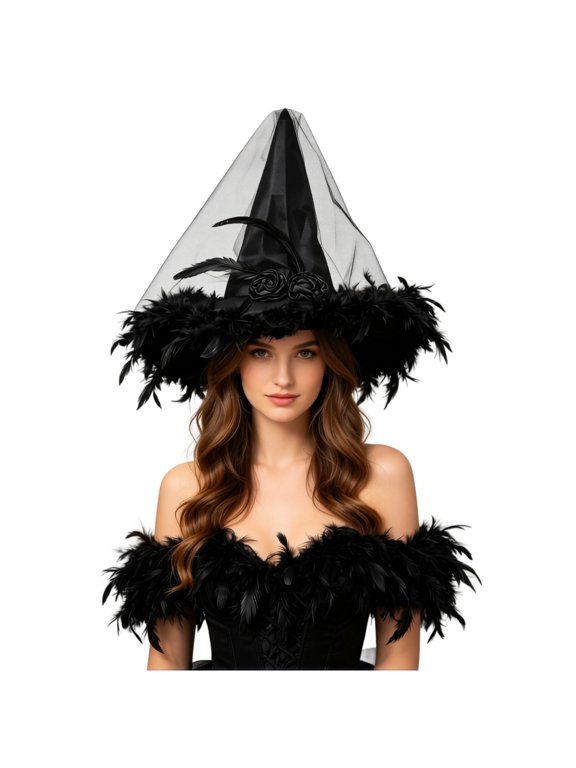 1-Piece Feathered Satin Witch Hat for Women, Halloween Wide-Brim Cone Cap with Tulle Veil — Mystical Costume Accessory featuring Rose & Quill Details Black One Size