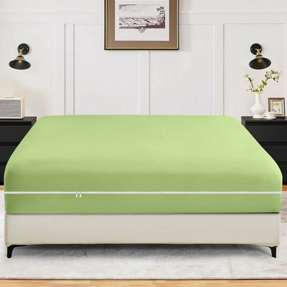 1-Piece Fitted Sheet Zippered Closure for California-King Size (72" x 84") , 400 Thread Count, 100% Egyptian Cotton, 21" Deep Pocket, Sage Solid Pattern