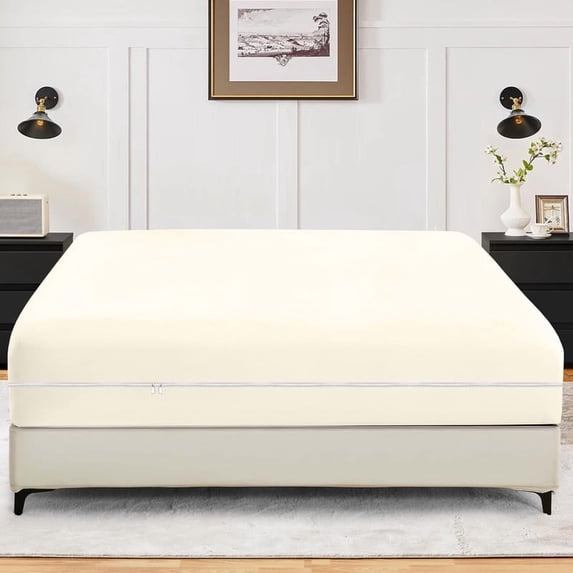 1-Piece Fitted Sheet Zippered Closure for Full Size (54" x 75") ,100% Microfiber, 15" Deep Pocket, Ivory Solid Pattern