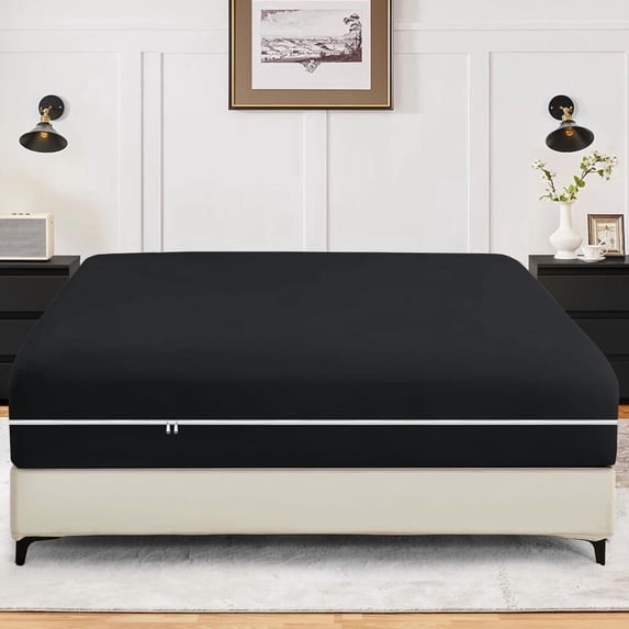 1-Piece Fitted Sheet Zippered Closure for Full Size (54" x 75") , 400 Thread Count, 100% Egyptian Cotton, 15" Deep Pocket, Black Solid Pattern