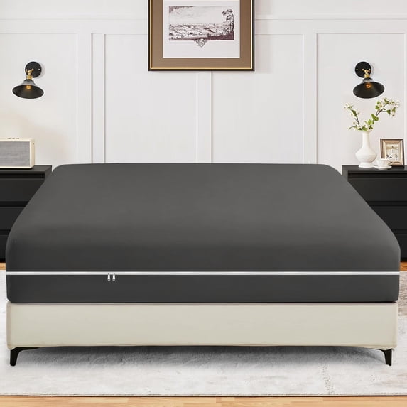 1-Piece Fitted Sheet Zippered Closure for Full Size (54" x 75") , 400 Thread Count, 100% Egyptian Cotton, 15" Deep Pocket,Dark Gray Solid Pattern