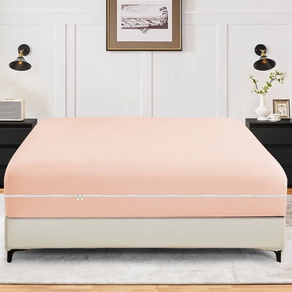 1-Piece Fitted Sheet Zippered Closure for Full Size (54" x 75") , 400 Thread Count, 100% Egyptian Cotton, 21" Deep Pocket, Peach Solid Pattern
