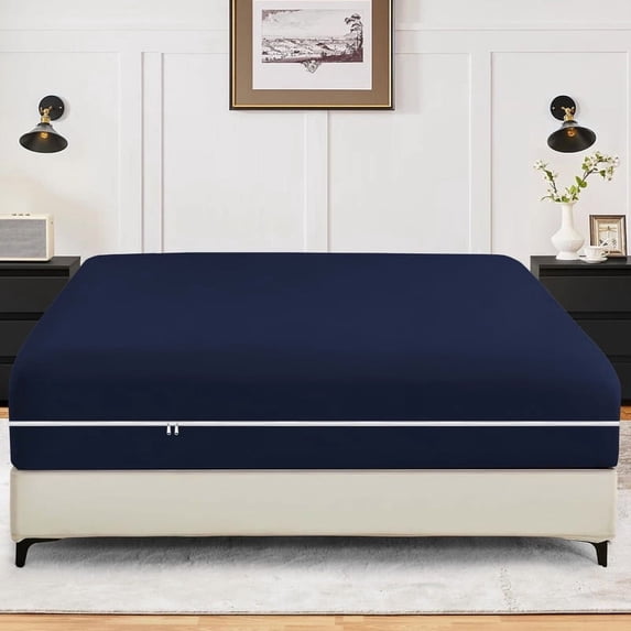 1-Piece Fitted Sheet Zippered Closure for Olympic Queen Size (66" x 80") ,100% Microfiber, 15" Deep Pocket, Navy Blue Solid Pattern