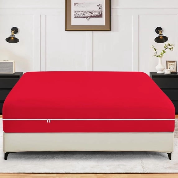 1-Piece Fitted Sheet Zippered Closure for Olympic Queen Size (66" x 80") , 400 Thread Count, 100% Egyptian Cotton, 15" Deep Pocket, Red Solid Pattern