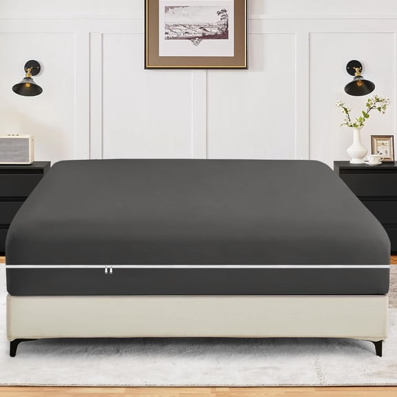 1-Piece Fitted Sheet Zippered Closure for Queen Size (60" x 80") , 400 Thread Count, 100% Egyptian Cotton, 15" Deep Pocket,Dark Gray Solid Pattern