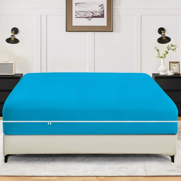 1-Piece Fitted Sheet Zippered Closure for Twin Size (39" x 75") , 400 Thread Count, 100% Egyptian Cotton, 15" Deep Pocket, Turquoise Solid Pattern