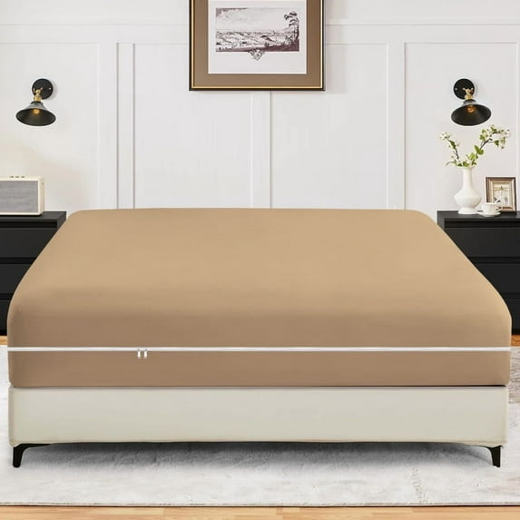 1-Piece Fitted Sheet Zippered Closure for Twin Size (39" x 75") , 400 Thread Count, 100% Egyptian Cotton, 18" Deep Pocket, Taupe Solid Pattern