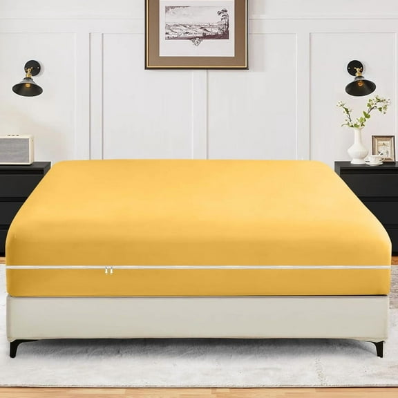 1-Piece Fitted Sheet Zippered Closure for Twin Size (39" x 75") , 400 Thread Count, 100% Egyptian Cotton, 21" Deep Pocket, Gold Solid Pattern