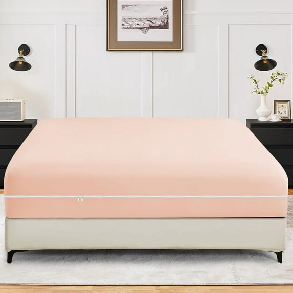 1-Piece Fitted Sheet Zippered Closure for Twin Size (39" x 75") , 400 Thread Count, 100% Egyptian Cotton, 21" Deep Pocket, Peach Solid Pattern