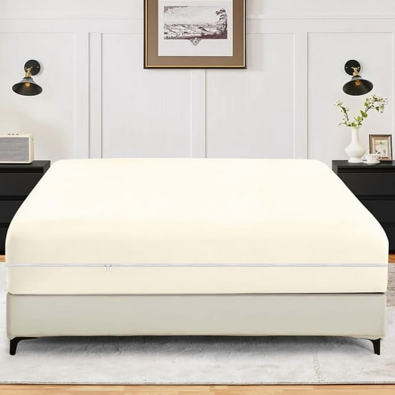1-Piece Fitted Sheet Zippered Closure for Twin-XL Size (39" x 80") ,100% Microfiber, 15" Deep Pocket, Ivory Solid Pattern