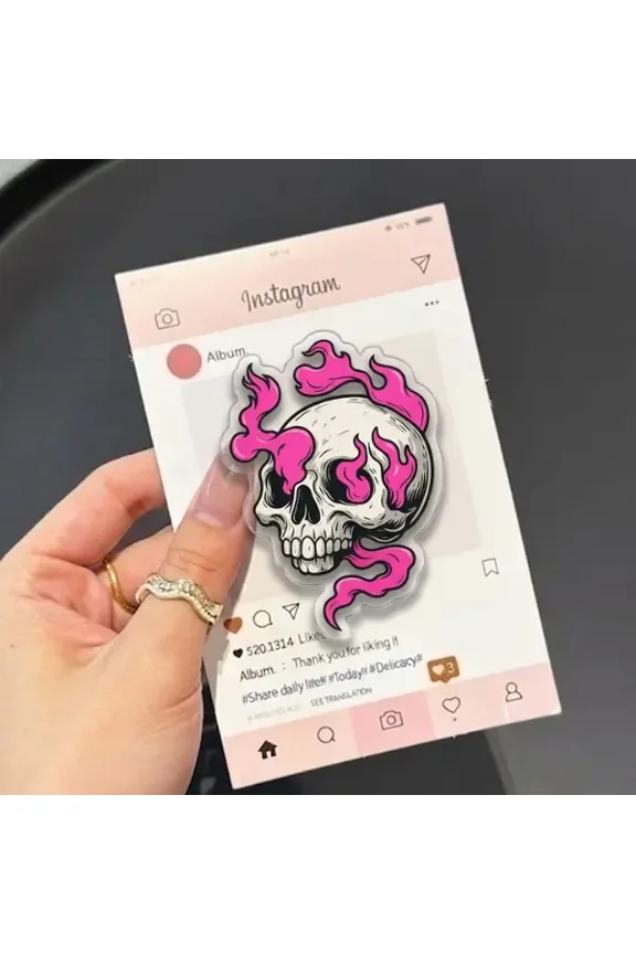 1 Piece Flaming Skull with Pink Fire Magnetic Phone Grips, Horror Aesthetic Magnetic Phone Holder, Kawaii Scary Fan Gifts, Accessories