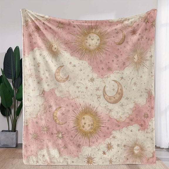 1 Piece Flannel Blanket - Celestial Sun Moon Stars Print Retro Style, Soft and Warm All-Season Universal, Cute Home Decoration Gift Blanket