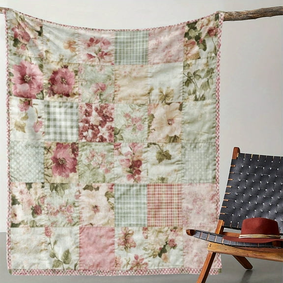 1 Piece Flannel Blanket, Vintage Patchwork Country Floral Print Blanket, Warm Cozy Soft Blanket, Suitable for Sofa Bed Sofa Car Office Camping Travel