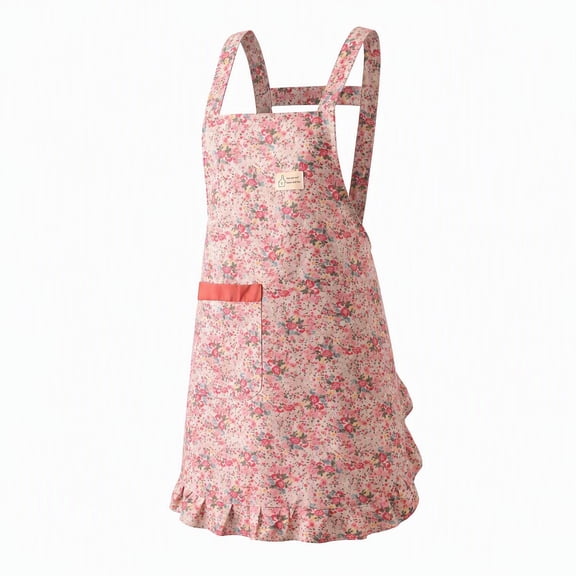 1pc Floral Canvas Apron, H-Style Back Straps, Ruffled Hem with Lining, Front Pocket for Kitchen Baking Florist Work