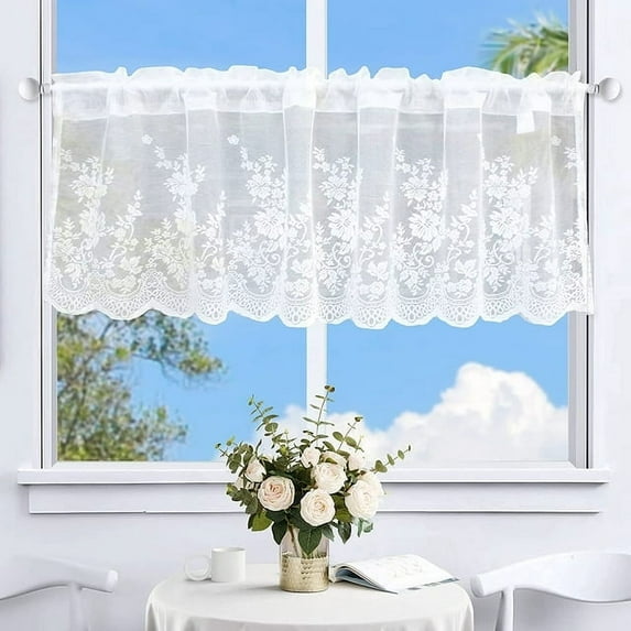 1 Piece Flower Valances Pastoral Embroidery Lace Valance Semi Sheer Lace Cafe Short Curtains for Bedroom Kitchen Decor Elegant Christmas Flower Leaves Kitchen Curtain