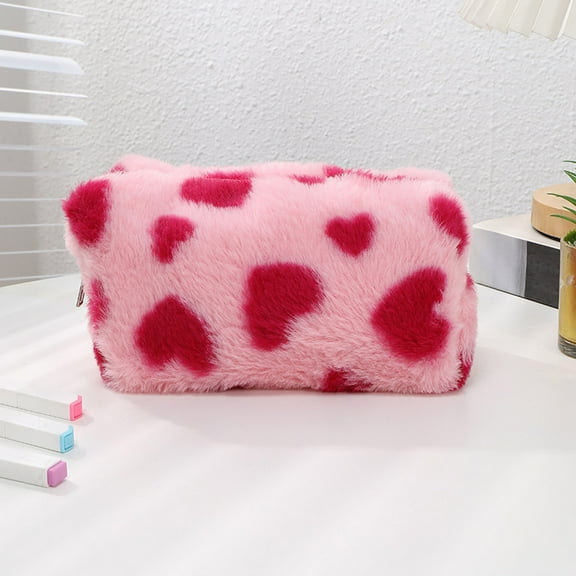 1 Piece Fluffy Plush Makeup Bag Preppy Cosmetic Bag Fuzzy Travel Bag Aesthetic Cute Pencil Case Soft Wash Pencil Pouch Multifunctional Storage Zipper Toiletry Bag for Women