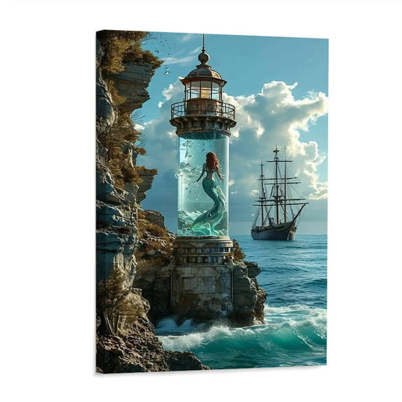 1 Piece Framed Canvas Art - Ocean Adventure: Lighthouse and Mermaid Dream Scene with Lighthouse, Perfect for Living Room, Bedroom or Outdoor Decoration, Indoor Wall Art Gift