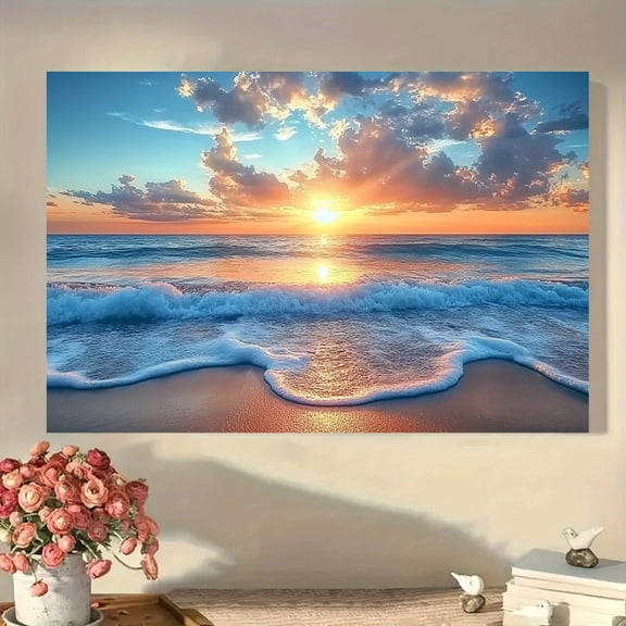 1 Piece Framed Canvas Wall Art Vibrant and Peaceful Beach Scene Decoration, with Wooden Frame, Suitable for Living Room, Bedroom, Office, Coastal Themed Space, Office Wall Decoration