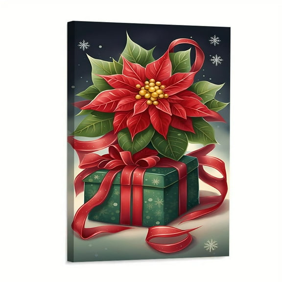 1 Piece Framed Poinsettia and Christmas Gift Canvas Wall Art Holiday Print with Wrapped Frame, Indoor/Outdoor Ready-to-Hang Painting, Suitable for Room Decoration