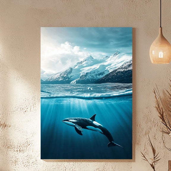 1 Piece Frameless Canvas Painting, Tranquil Underwater Scene of Orca in Alaskan Glacier Waters with Majestic Whale Mountains, Suitable for Living Room, Bedroom, Office, and Cafe Decoration