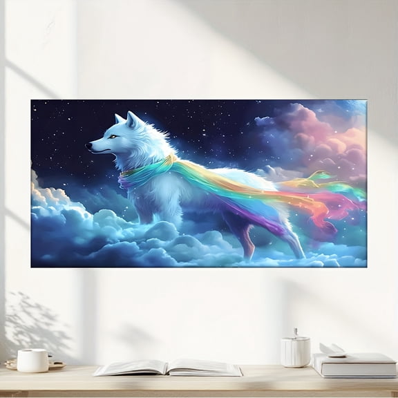1 Piece Frameless Canvas - Rainbow Tail White Wolf in the Clouds, Modern Abstract Art, Indoor and Outdoor Wall Decoration, Suitable for Living Room, Office, Cafe - Birthday, Mother's Day