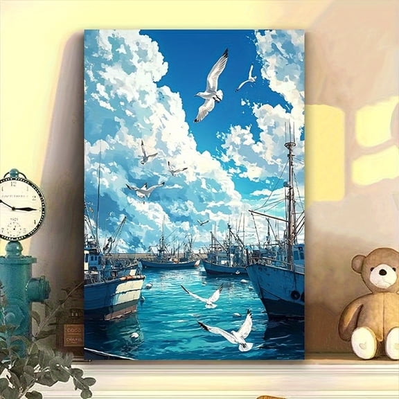 1 Piece Frameless Coastal Harbor Wall Art Vibrant Seascape of Fishing Boats and Seagulls Classic Nautical Decoration Suitable for Bedroom Living Room Hallway Serene Ocean Landscape Print