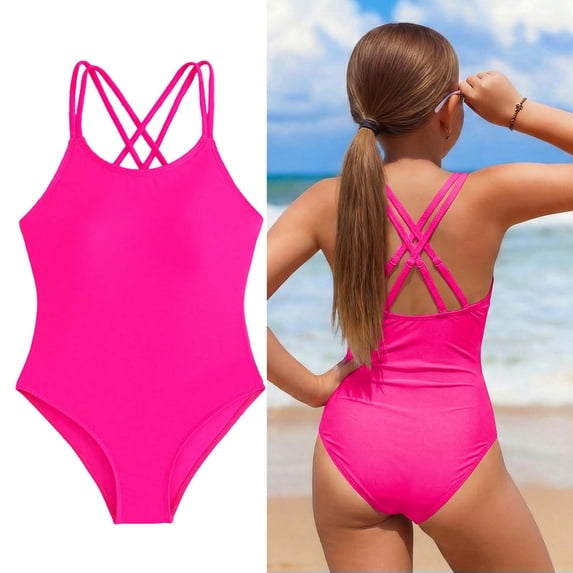 1 Piece Girls Swimsuit Sleeveless Bathing Suit Quick Dry Beach Swimwear Cross Shoulder Strap Kids Bathing Suit Girl 8-9 Years