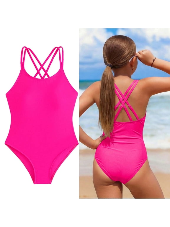1 Piece Girls Swimsuit Sleeveless Bathing Suit Quick Dry Beach Swimwear Cross Shoulder Strap Kids Bathing Suit Girl 8-9 Years