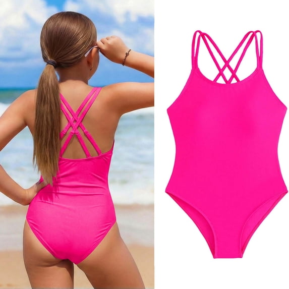 1 Piece Girls Swimsuit Sleeveless Bathing Suit Quick Dry Beach Swimwear Cross Shoulder Strap Swimming Suit for Girls 9-10 Years