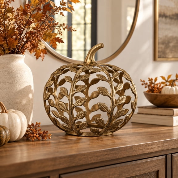 1-Piece Gold Metal Pumpkin Decor, Openwork Botanical Leaf & Vine Fall Tabletop Decoration for Thanksgiving & Home