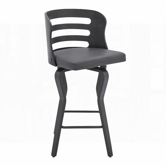 1-Piece Gray Faux Leather Bar Stool with 360 Swivel and Black Wood - Ideal for Kitchen
