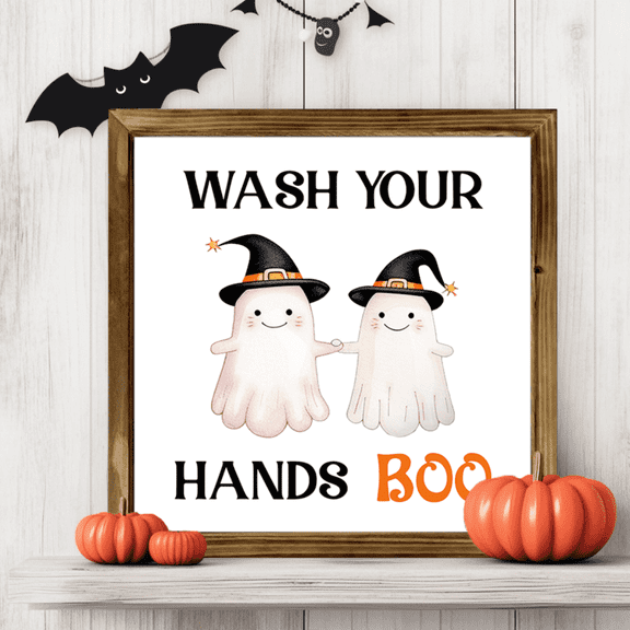 1 Piece Halloween Bathroom Wall Decoration - Rustic Wooden Frame Sign 8x 8inch , Hand Wash Ghost Decoration, Multi-Purpose Hanging Home Decoration