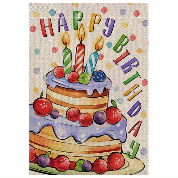 1 Piece Happy Birthday Fruit Cake Garden Flag - Double-Sided Colorful Berry Candle Outdoor Decoration, Durable Polyester 12x18inch , Suitable for Patio, Porch, Lawn