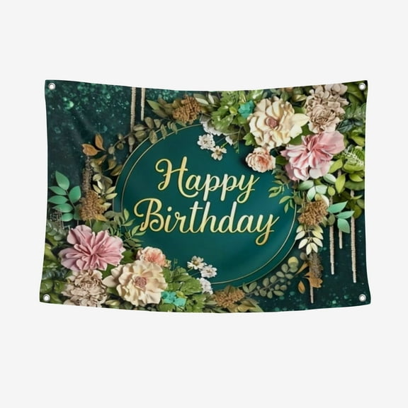 1 Piece, Happy Birthday Polyester Photography Background, Flower Green Grass Background - Party Decoration Banner For Men And Women, Photo Booth Supplies