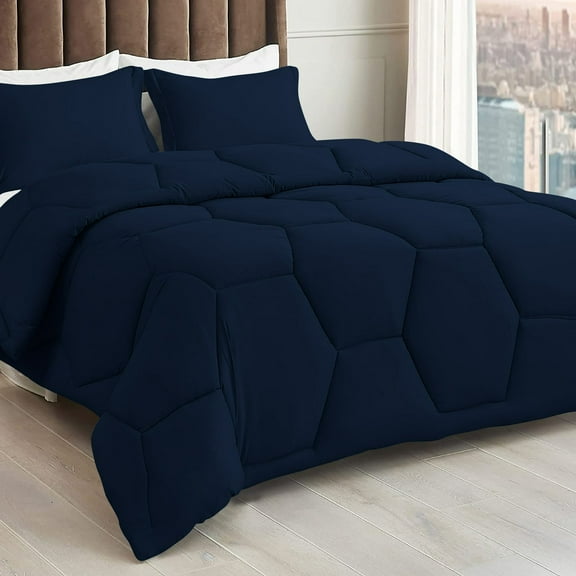 1 Piece Honeycomb Design Comforter, 800 TC, 100% Egyptian Cotton, Oversized Super King Size Navy Solid